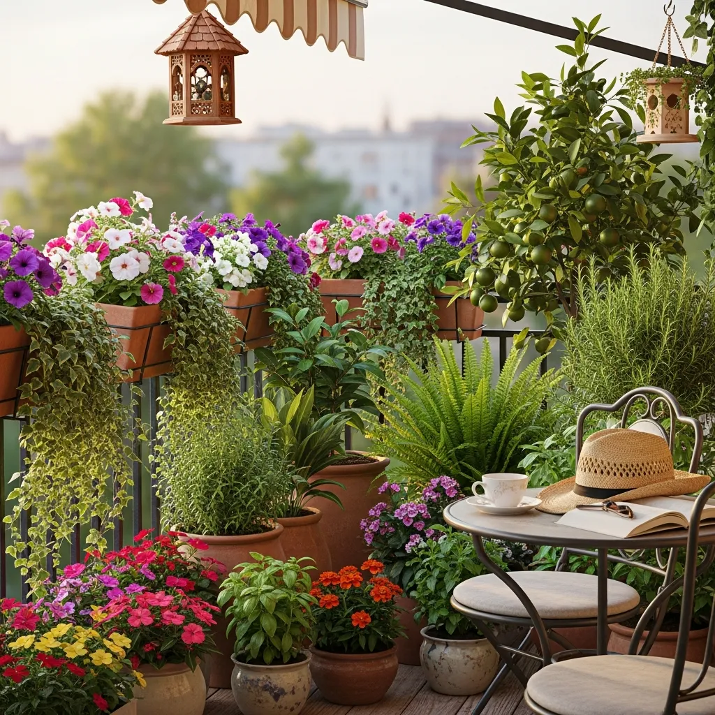 Lush balcony garden with potted plants