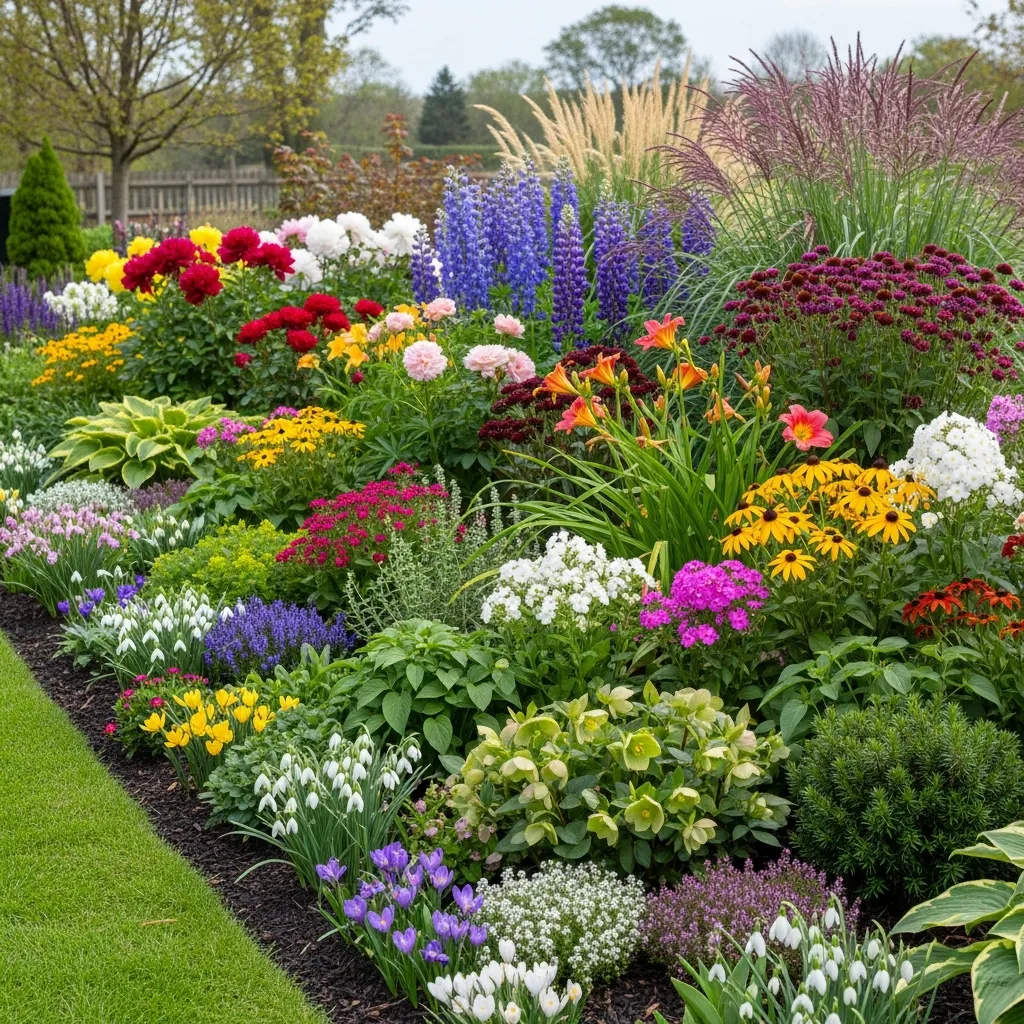 Year-round perennial border with mixed flowering plants